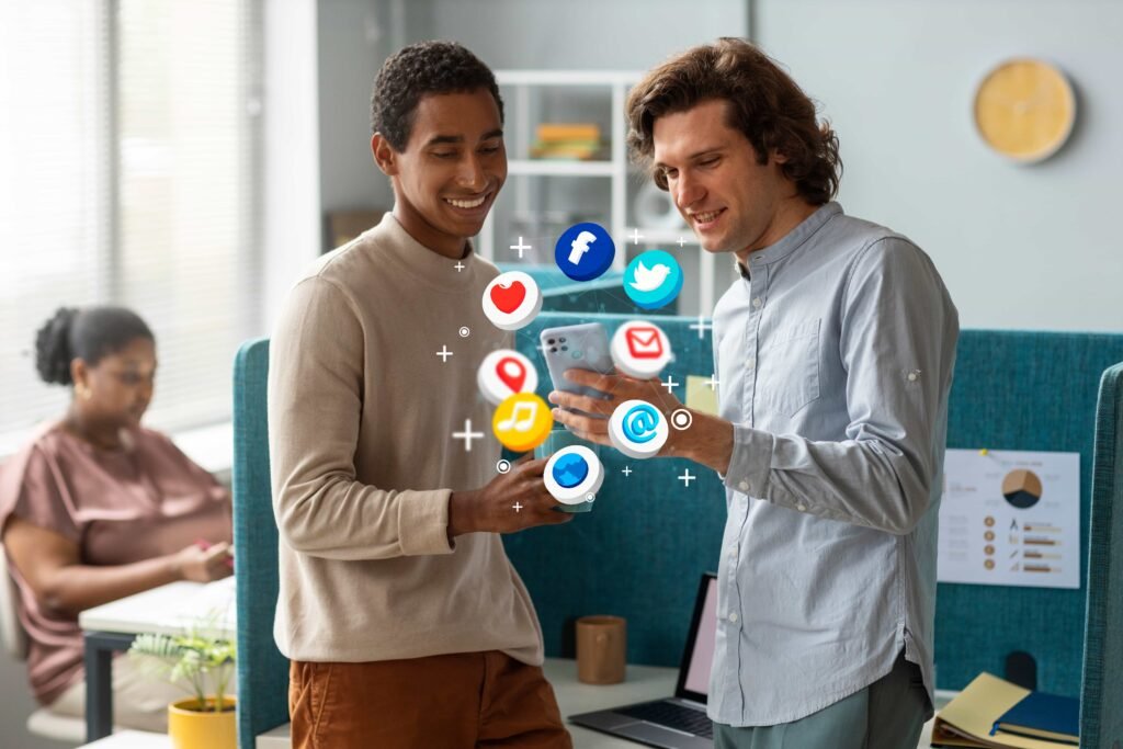man holding-smartphone using ocial media